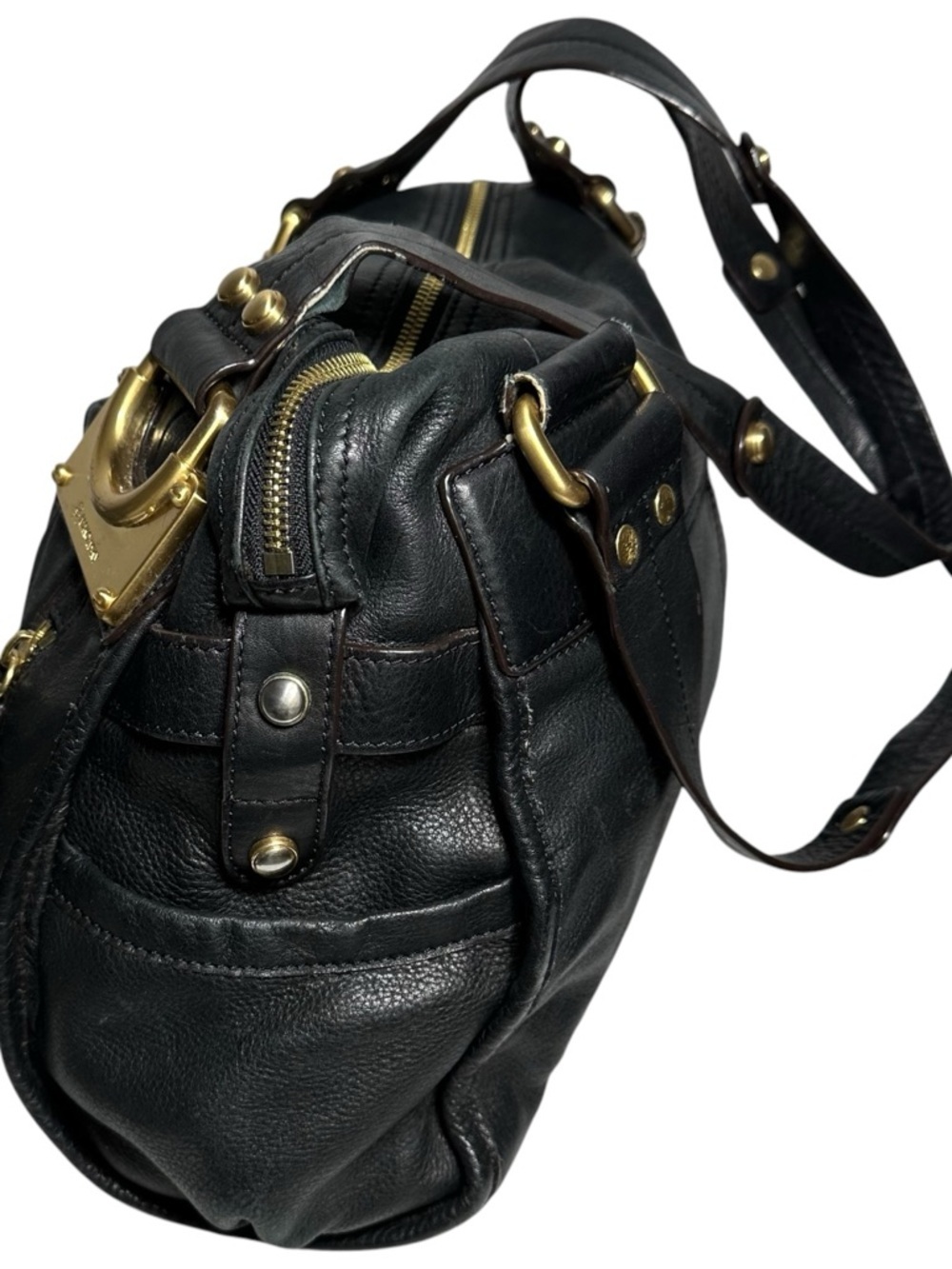 b. makowsky Black Leather Gold Logo Hardware Montgomery Shoulder Satchel Bag - Picture 8 of 14